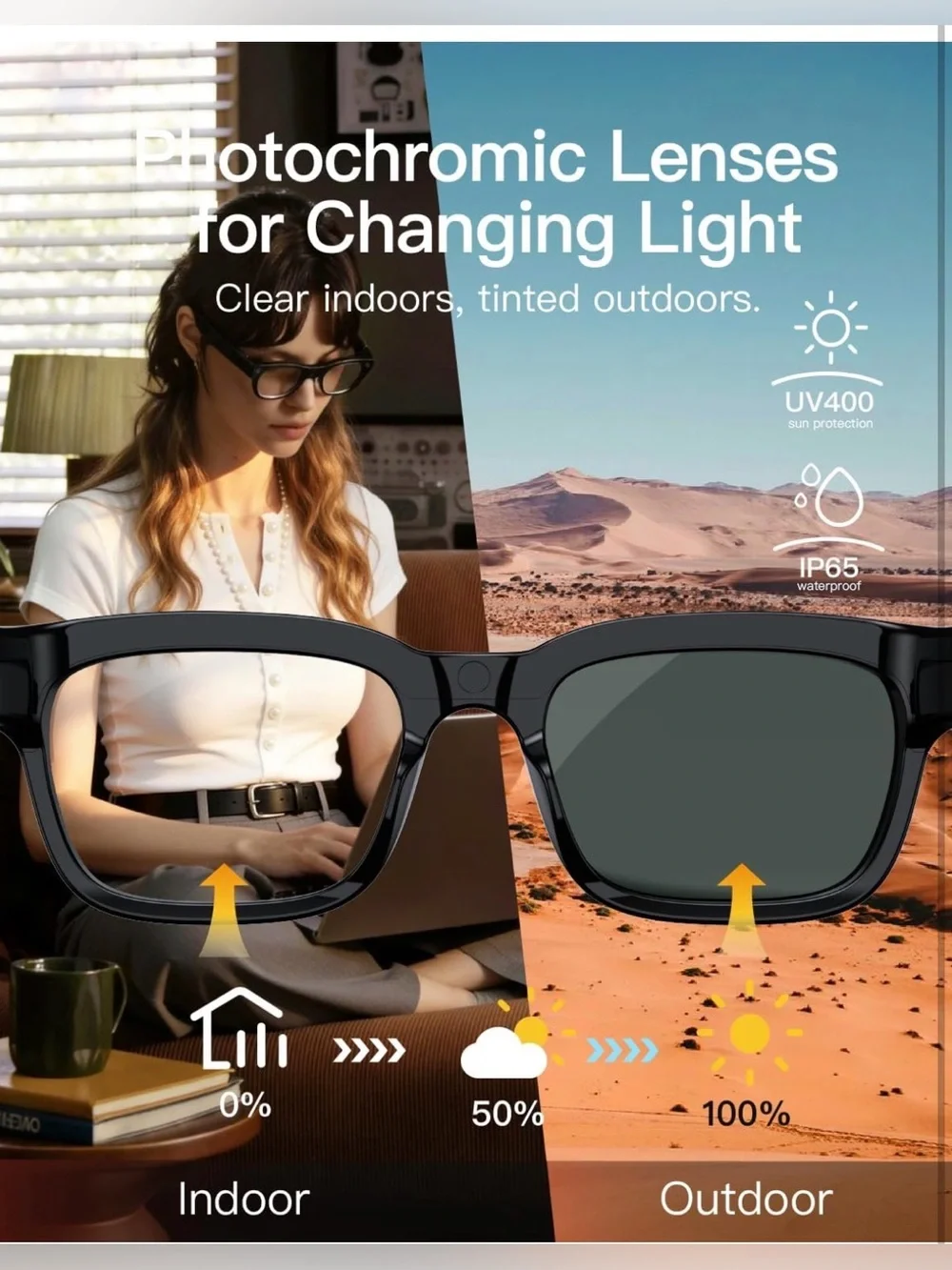 AI Smart Glasses with Camera, 4K POV Recording, Photochromic
